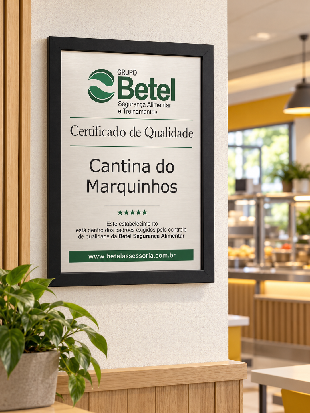 Certificado de Qualidade da Cantina do Marquinhos pelo Grupo Betel em uma área de cantina profissional